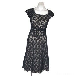 JODY California Black Over Beige Lace Dress Fit & Flair Vintage USA